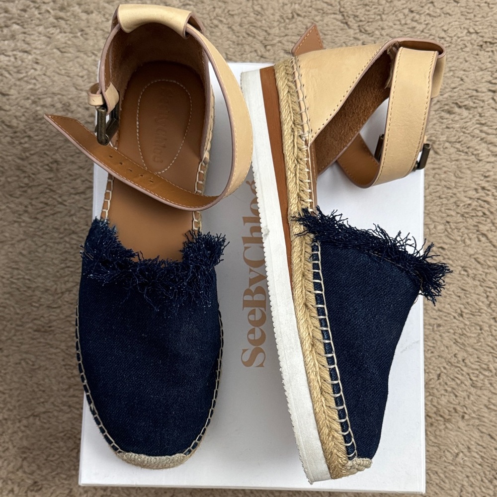 See By Chloe Denim and Beige Espadrille Flats